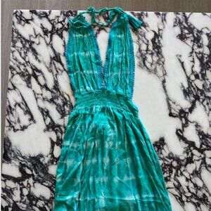Tiare Hawaii Teal Halter Tie-Dye Maxi Dress Size O/S.